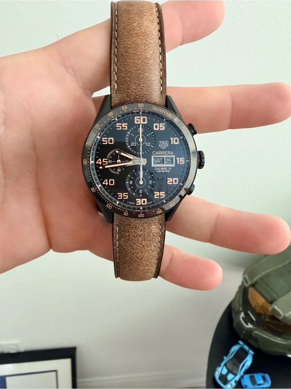 Tag Heuer Blue Dial Chronograph with Brown Leather Strap and Black Rubber Extras